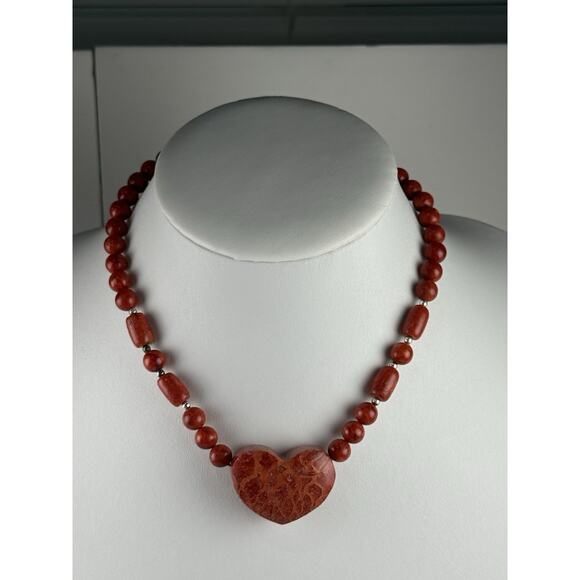GSJ Coral Heart Beaded 16"-18.5" Sterling Silver Clasp Necklace - Picture 12 of 12
